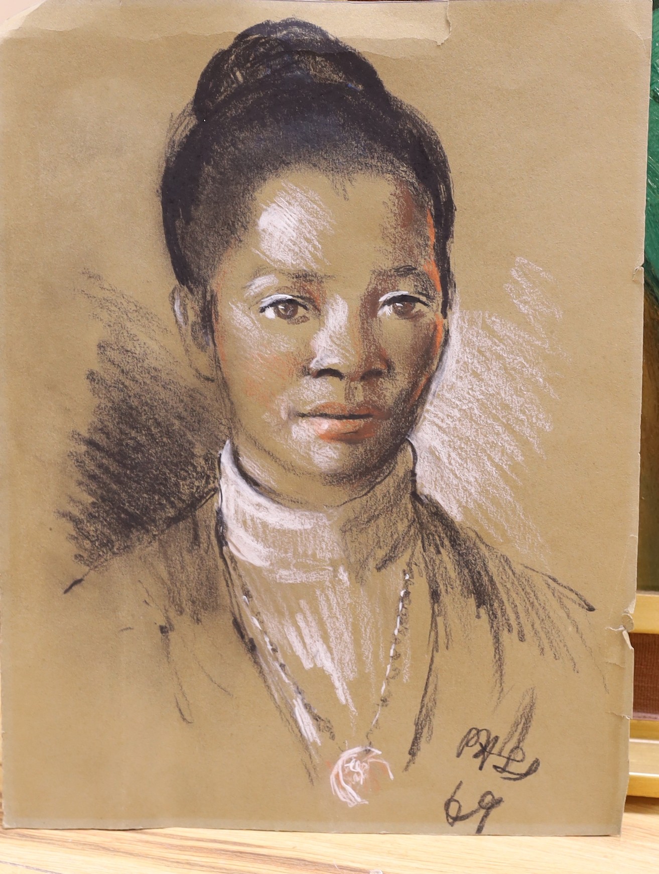 Donald Pass (b.1930), oil on canvas, Portrait of Cherie Hewson, signed, 60 x 50cm with an Exhibition catalogue and a related charcoal sketch